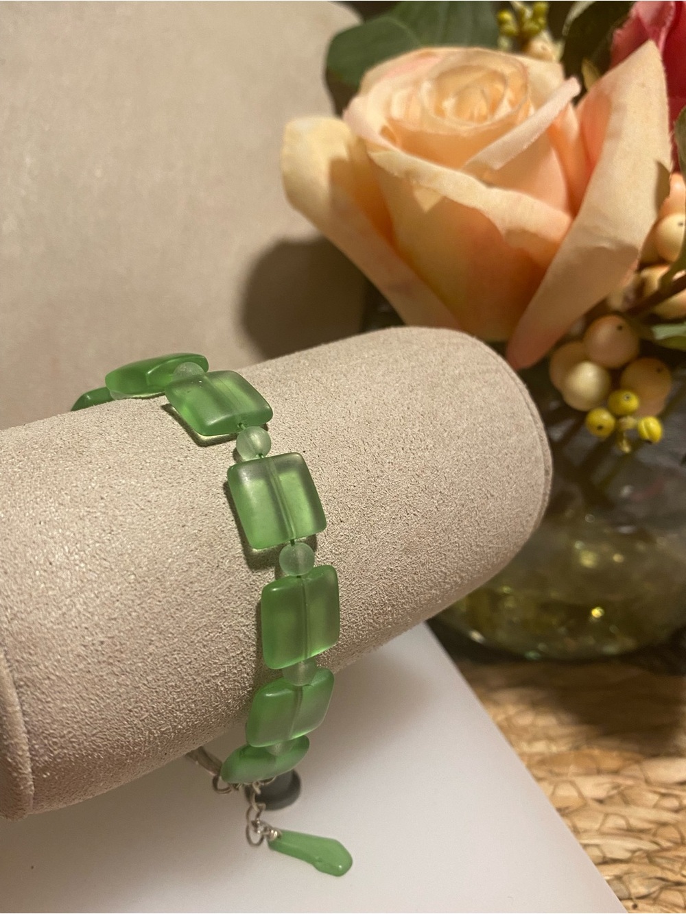 Green Beaded Glass Link Bracelet